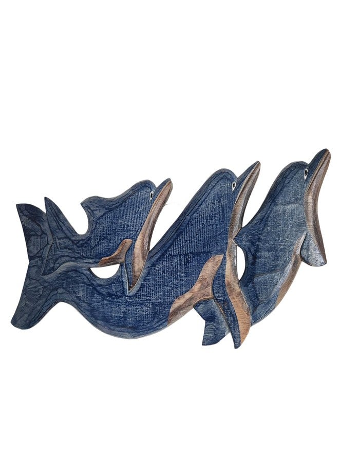 WorldBazzar NEW LG HAND CARVED BLUE WHITE WASH WOOD DOLPHIN family WALL ART HANGING TROPICAL NAUTICAL DECOR - Image 1
